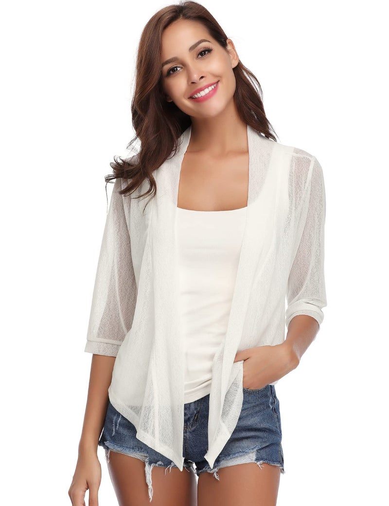 iClosam Womens Sheer Shrug Tie Front 3/4 Sleeve Cropped Bolero Cardigan White - Image 2